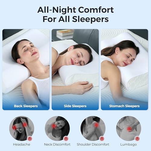 Elviros Cooling Memory Foam Pillow with Breathable Cover, Adjustable Height Bed Pillow for Neck Support, Ergonomic Cervica Neck Pillow for Side Stomach and Back Sleeper, Queen Size, 23.6"×14"×5.3" - color: White