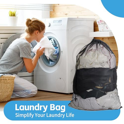 2 Pack Mesh Laundry Bags,24 x 35 Inches Heavy Duty Drawstring Dirty Clothes Bag for Camp,College,Dorm,Travel,Family,Apartment Dwellers,RV & Cruise Essentials(Black)