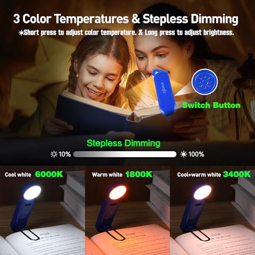 VAVOFO USB Rechargeable Book Light, Blue Light Blocking, Amber Light Clip On Bookmark Shaped Reading Light, Eye Care 6 LEDs Book Light for Bookworms Reading in Bed with 9 Lighting Modes (Royal Blue) - color: Royal Blue