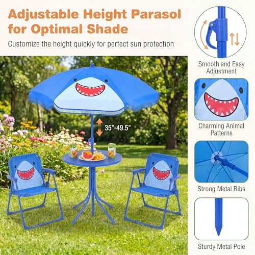 HONEY JOY Kids Picnic Table, Animal Themed Toddler Outdoor Table and Chair Set, 2 Folding Chairs & Removable Umbrella, Children Outdoor Furniture for Backyard Patio Garden (Navy Shark) - color: Navy Shark