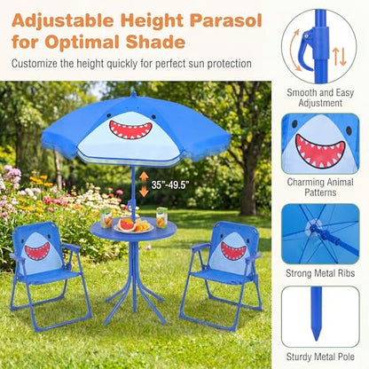 HONEY JOY Kids Picnic Table, Animal Themed Toddler Outdoor Table and Chair Set, 2 Folding Chairs & Removable Umbrella, Children Outdoor Furniture for Backyard Patio Garden (Navy Shark) - color: Navy Shark