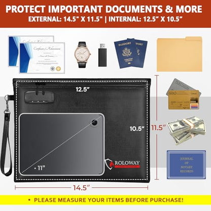 ROLOWAY Fireproof Document Bag (14.5 x 11.5 inch), 6400℉ Fireproof Money Bag with Zipper for Cash, Fire Safe Money Pouch with Lock (Black) - color: Black