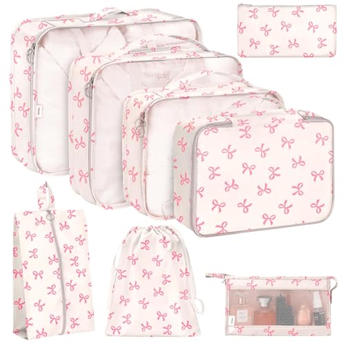 KPX 8 Set Packing Cubes for Travel, Luggage Packing Organizers Accessories Large Toiletries Bag for Clothes Shoes Cosmetics (8Set-Pink Bow) - color: 8Set-Pink Bow