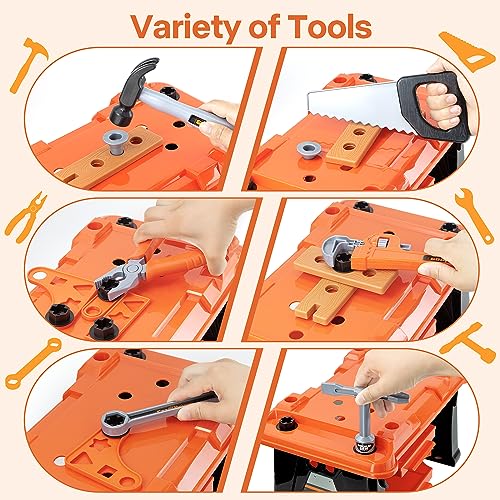 ZEALOUS TOYS Kids Tool Bench-Zealous 79pcs Transformable Set, Toddler Workbench Toy with Electric Drill, Pretend Construction Playset for Boys Girls Age 3+, Orange & Black, HB3222-3 - style: E-Kids Tool Bench
