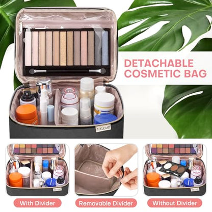 HXLGMD Large Makeup Bag with Mirror Double Layer Travel Make Up Organizer Case, Large Capacity Coemetic Bag with Brush Slot Divider - color: Black