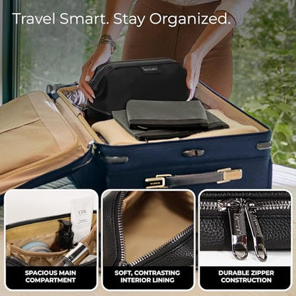 Double-Layer Toiletry Bag, Water-Resistant Hybrid Leather Cosmetic Organizer with Wet/Dry Compartments, 26x15x16cm (Black, Double layer) - color: Black