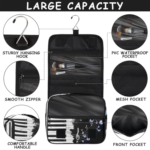 Hanging Travel Toiletry Bag for Women, Graceful Piano Butterflies Water Resistant Polyester Organizer with Hook & Handle, Large Capacity Cosmetic Bag for Travel, Gym, Camping - color: Graceful Piano Butterflies