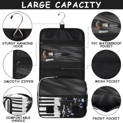 Hanging Travel Toiletry Bag for Women, Graceful Piano Butterflies Water Resistant Polyester Organizer with Hook & Handle, Large Capacity Cosmetic Bag for Travel, Gym, Camping - color: Graceful Piano Butterflies