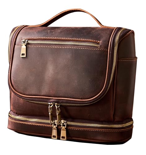 EURYNOME Travel Toiletry Bag For Men, Genuine Leather Shaving Dopp Kit Bottom Storage Holds More (11x8.6x4.7)-Mens Toiletry Bag -Leather Makeup Cosmetic Organizer Kit - Men Travel Toiletries Bag - color: Coffee
