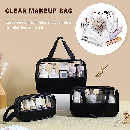 Clear Makeup Bag, 3 Pcs of Cosmetic Bags Set, Transparent PVC Travel Makeup Pouch, Waterproof Cute Toiletry Bag for Women (Black) - color: Z-Black-3pcs, style: 3pcs