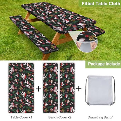 Picnic Table Cover with Bench Covers 6FT 3 Pcs Waterproof Windproof Aesthetic Camping Tablecloth with Drawstring Bag, Fitted for 6 Foot Rectangle Tables and Seats, 72 inch, Black Green Red - color: Black Green Red