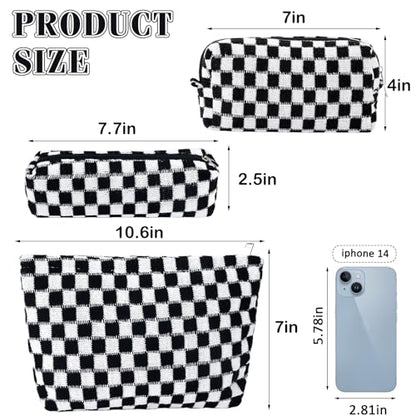ZLFSRQ 3Pcs Checkered Makeup Bag for Women Large Small Checkered Cosmetic Bag Set Aesthetic Preppy Pencil Case Cute Pencil Pouch Black Makeup Pouch for Purse Travel Toiletry Bags Zipper Skincare Bags - color: B-Checkered 3Pcs Mix Black