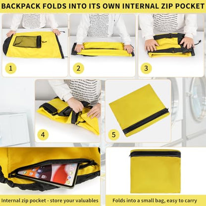150L Laundry Bag Backpack with 3 Sizes Mesh Wash Bags and Shoulder Straps Foldable Clothes Hamper Bag with Drawstring Closure for College, Apartment, Laundromat(Yellow) - color: Yellow
