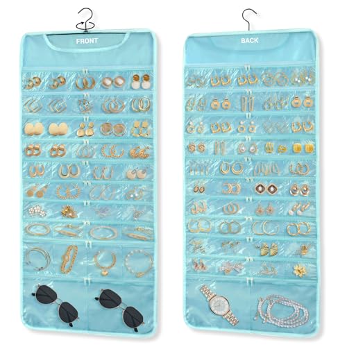 Hanging Jewelry Organizer Storage with 88 Zippered Pockets, Dustproof Foldable for Travel, Double-Sided Accessories Organizer Holder for Earrings Necklaces Rings on Closet Wall Door (Blue) - color: 88 pocket blue