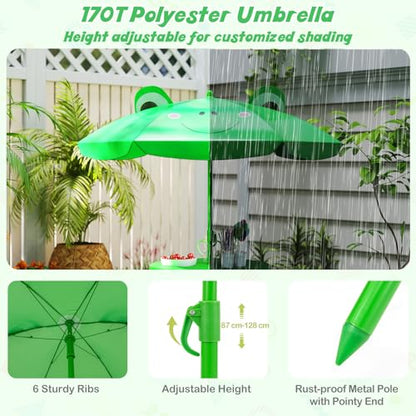 HONEY JOY Kids Picnic Table, Animal Themed Toddler Outdoor Table and Chair Set, 2 Folding Chairs & Removable Umbrella, Children Outdoor Furniture for Backyard Patio Garden (Green Frog) - color: Green Frog