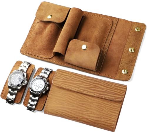 2 Slots Portable Travel Watch Box Full Leather Double Watch Case Pouch Watch Holder Organizer Storage Jewelry Wristwatch Roll Secure Storage Durable Easy Carry On Bark Texture - color: 2 slots style brown 6