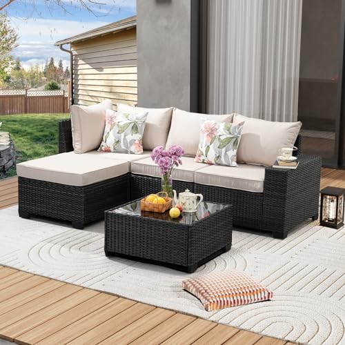JOYURE 5 Pieces Patio Furniture Set All-Weather Outdoor Wicker Sectional Conversation Sofa Rattan Patio Seating Sofa with Cushion and Glass Table and Ottoman for Porch,Beige - color: Beige, size: 5 pieces set