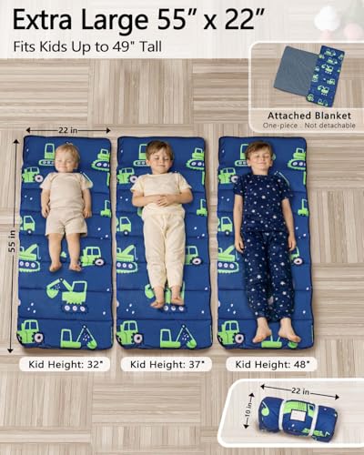 Primlect Thickened Toddler Nap Mat with Removable Pillow and Minky Blanket, Extra Large 55''x35'' Sleeping Bag, Washable, Roll up, Perfect for Daycare, Preschool, Kindergarten, Boys (Excavator) - color: Green Car