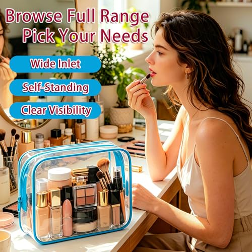 6 Pieces Large Clear Makeup Bags Bulk TSA Approved Toiletry Bag for Travel Transparent PVC Clear Cosmetic Pouch with Zipper, Waterproof Plastic Organizer Case for Carry-on Travel Essentials (Blue) - color: 6 Large Blue