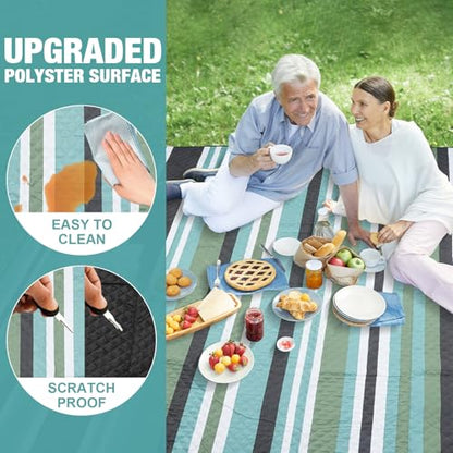 Picnic Blankets Outdoor Extra Large - 80"x80" Waterproof Beach Blanket, Machine Washable 3-Layer Foldable Park Mat with Sandproof Backing for Grass, Hiking, Travel, Concerts, Indoor (OliveStrip) - color: Olive Green