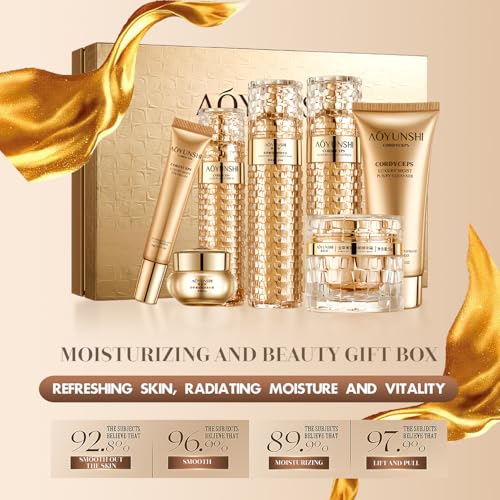Luxurious Hydrating Skincare Gift Set with Cordyceps Extract - Includes Face Cleanser, Balm, Eye Cream, and 4-Piece Essence Set (Water, Serum, Emulsion, Cream)