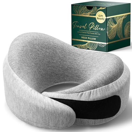 Proglobe Luxe Memory Foam Travel Neck Pillow for Airplanes, Ergonomic 360° Neck and Chin Support, Organic Cotton Cover, Compact Compression Bag, Light Gray