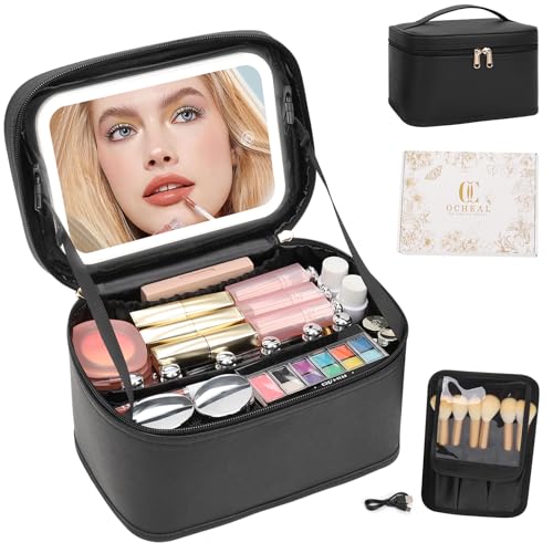 OCHEAL Makeup Bag With LED Mirror, Travel Makeup Bag With 3 Color Setting Light Up Mirror Cosmetic Makeup Organizer Vanity Case for Women Beauty Tools Accessories Rechargeable Makeup Travel Bag-Black - color: 001_Black with mirror, size: Medium