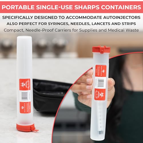 Travel-Sharps - Single Use Travel Sharps Container for AutoPens Needles Syringes - Portable Small Sharp Containers with Locking Lid, Puncture Resistant Transportable Needle Disposal Containers 6 Pack - size: 7in Flat-End (6Pk)