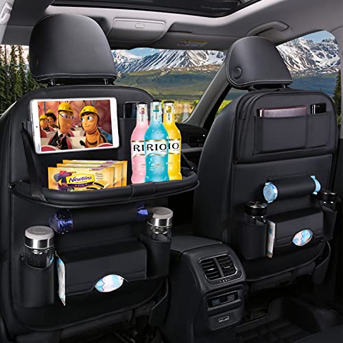 Premium PU Leather Backseat Seat Organizer with Foldable Table, Multi-Storage Pockets and Adjustable Buckle Strap for Automobiles - color: Black, size: 2 Pack