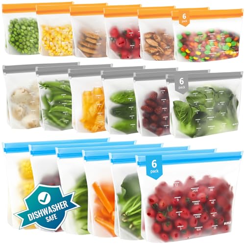Dishwasher Safe Reusable Storage Bags Stand Up - BPA Free Reusable Sandwich Bag - Leakproof Gallon Freezer Bags, Food Storage Bags - Multicolor 6 Large + 6 Sandwich + 6 Snack Bags - color: Multicolor (6 Gallon + 6 Sandwich + 6 Snack)