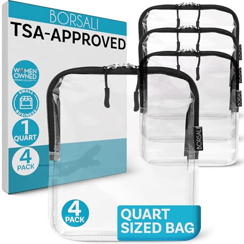 BORSALI TSA Approved Toiletry Bag - Clear Quart Size for 3-1-1 LIquids for Carry On Travel - Toiletries Organizer - Cosmetic Pouch with Zipper - Travel Accessories - 4 Pack - color: Black - 4 Pack