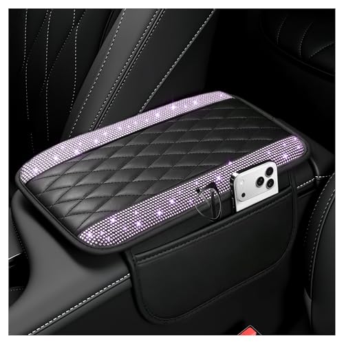 Stacool Upgraded Car Center Console Cover with Rhinestones,Microfiber Leather Car Armrest Cover Cushion with 2 Storage Bags,Universal Cars Armrest Storage Box as Cars Interior Accessories - color: Upgraded Diamond - Bling Purple