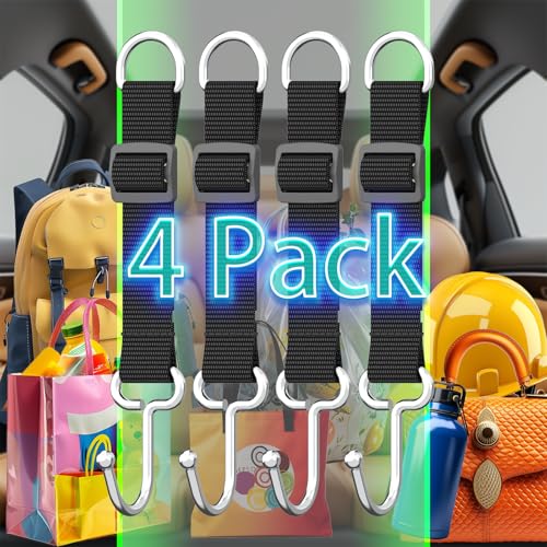 Car Headrest Hooks for Purse and Bags, 4 Pack | Adjustable Back Seat Hanger, Metal Heavy Duty, 100 lbs Capacity, Purse Holder - style: D4