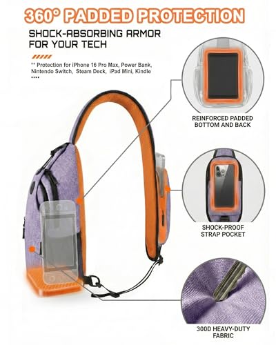 Sling Backpack for Women & Men, Crossbody Travel Bag with Water Bottle Holders, 17 Pockets, Quick-Access Phone Pocket, Hidden Security Pocket, Fits 11" Tablet, for Daily Carry, Travel, Theme Parks - color: E-plum