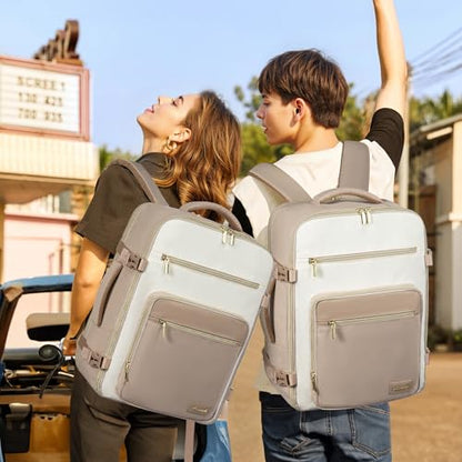 LOVEVOOK Travel Backpack For Women,50L Carry On Backpack Flight Approved,TSA Personal Item Travel Bag Fits 18 Inch Laptop,Business Weekender Overnight Daypack with Toiletry Bag and Cubes - color: Off-white and Khaki, size: 18 Inch-50L-4Pcs