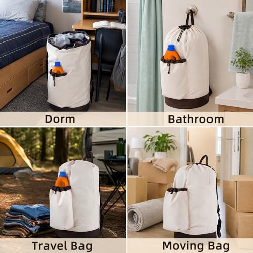 Seiritex Laundry Bag Backpack with Shoulder Straps and Detergent Holder Clothes, Travel Laundry Backpack Bag Hamper for College Dorm Room (Khaki w Brown) - color: Khaki w Brown