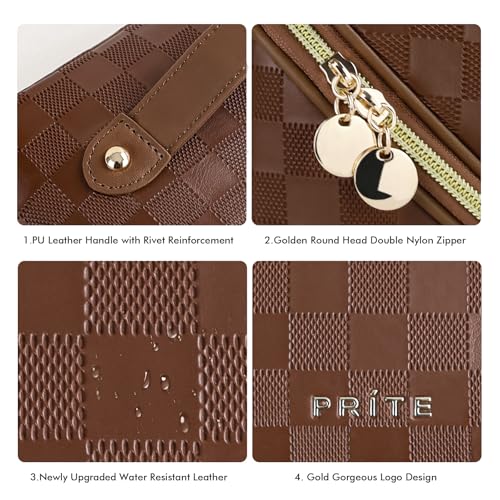 Prite Makeup Bag for Women Travel Waterproof Vegan Leather Cosmetic Bag Open Flat Toiletry Bag With Clear Divider and Handle (Plaid Brown, Medium) - color: Plaid Brown, size: Medium