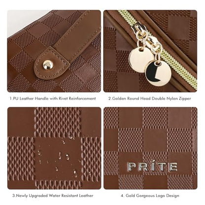 Prite Makeup Bag for Women Travel Waterproof Vegan Leather Cosmetic Bag Open Flat Toiletry Bag With Clear Divider and Handle (Plaid Brown, Medium) - color: Plaid Brown, size: Medium