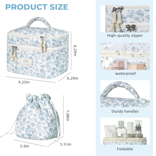 Gosect Makeup Bag, 2pc Quilted Cosmetic Bag Set, Drawstring Makeup Bag with Canvas Lining + Large Floral Toiletry Bag for Women Girls, Cute Cotton Flower Travel Organizer Bag (Blue Flowers - color: Blue Pattern