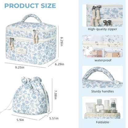 Gosect Makeup Bag, 2pc Quilted Cosmetic Bag Set, Drawstring Makeup Bag with Canvas Lining + Large Floral Toiletry Bag for Women Girls, Cute Cotton Flower Travel Organizer Bag (Blue Flowers - color: Blue Pattern