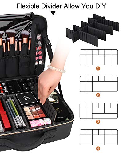 Relavel Makeup Case Large Makeup Bag Professional Train Case 16.5 inches Travel Cosmetic Organizer Brush Holder Waterproof Makeup Artist Storage Box, 3 Layer Large Capacity, with Adjustable Strap - color: Black Leather, size: Large