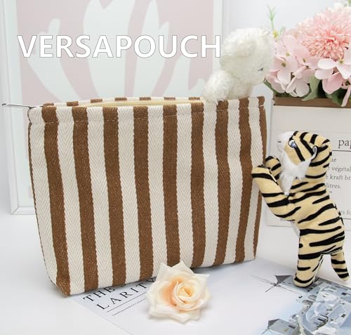PAZIMIIK Makeup Bag Large Cotton Zipper Pouch for Purse Travel Canvas Make Up Organizer for Women Cosmetic,Stripe Coffee - color: Stripe Coffee