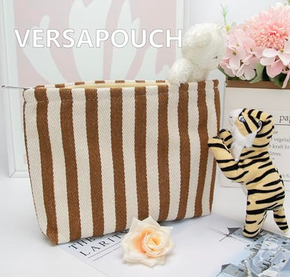 PAZIMIIK Makeup Bag Large Cotton Zipper Pouch for Purse Travel Canvas Make Up Organizer for Women Cosmetic,Stripe Coffee - color: Stripe Coffee