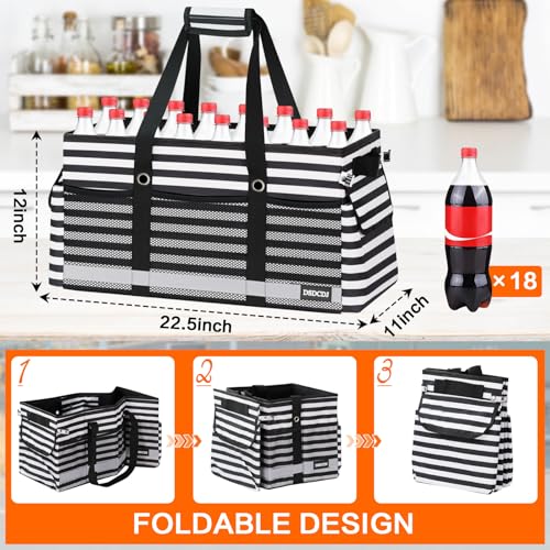 Extra Large Utility Tote Bag with Reflective Strip, Standing Reusable Grocery Bags with Hard Bottom, Collapsible Utility Tote with Handles for Shopping, Beach, Picnics, Car, Striped Black - color: Striped Black