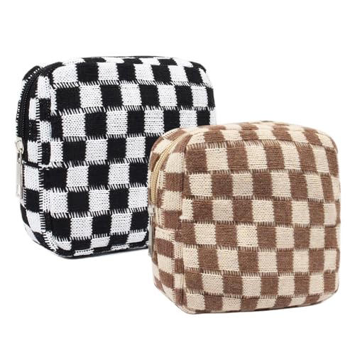 2 Pieces Makeup Bag Small, Mini Checkered Make Up Bag Travel Cute Cosmetic Bags for Women Preppy Makeup Pouch for Purse Zipper Makeup Organizer Case Period Bag Sanitary Napkin Storage Bag for Girls - color: 2Pcs-Brown+Black