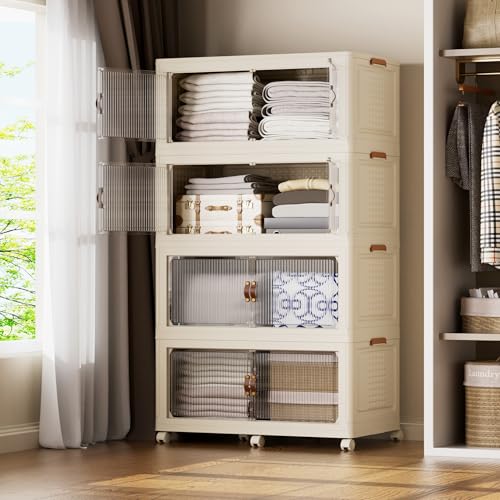 SAILUN 190Gal/760Qt Stackable Storage Bins Folding Collapsible Storage Bins with Lid, Closet Organizers and Storage Box with Door Cream 33.5" W x 19" D x 69" H - color: Cream, size: 1 Lid 4 Pack-33.5" W x 19" D x 69" H