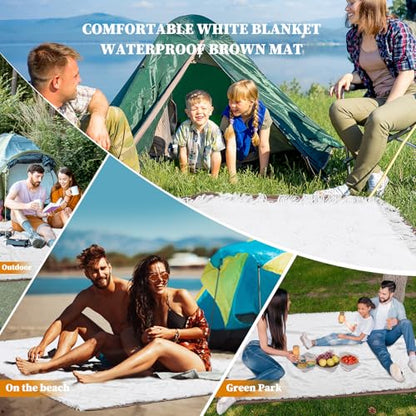2-in-1 White Picnic Blanket, Extra-Large Waterproof Picnic Mat,Outdoor Blanket for Camping, Beach, Park,Portable Double-Layer Design (71"x71",T-Grid) - color: White-t-gird