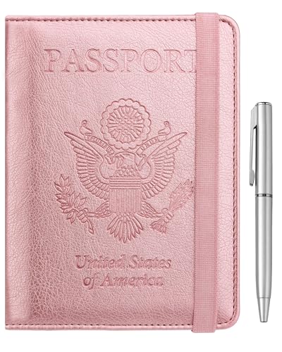 WALNEW Passport Holder for Travel, RFID Passport Cover Wallet for Women Men, PU Leather Passport Book Card Holder Case with Pen (Elastic Band Closure, A-Rosegold) - color: A-Rosegold, style: Elastic Band Closure