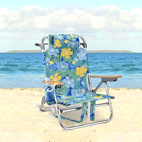 2 Pack Backpack Beach Chairs for Adults Capacity 300 LBS Low 5 Position Beach Chair with Pouch Straps Folding Lightweight Reclining Aluminum Wide Lay Flat Single - color: 10in Wood Yellow Blue Stripes 2 Pack