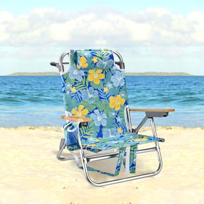 2 Pack Backpack Beach Chairs for Adults Capacity 300 LBS Low 5 Position Beach Chair with Pouch Straps Folding Lightweight Reclining Aluminum Wide Lay Flat Single - color: 10in Wood Yellow Blue Stripes 2 Pack